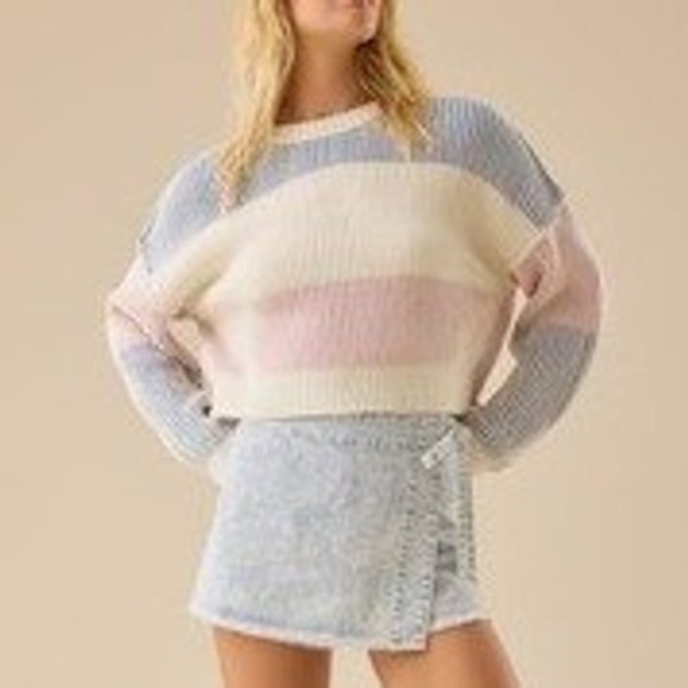 Altar'd State Womens Y2K‎ Cropped Sweater Colorblock Striped XS Pastel Blue Pink
